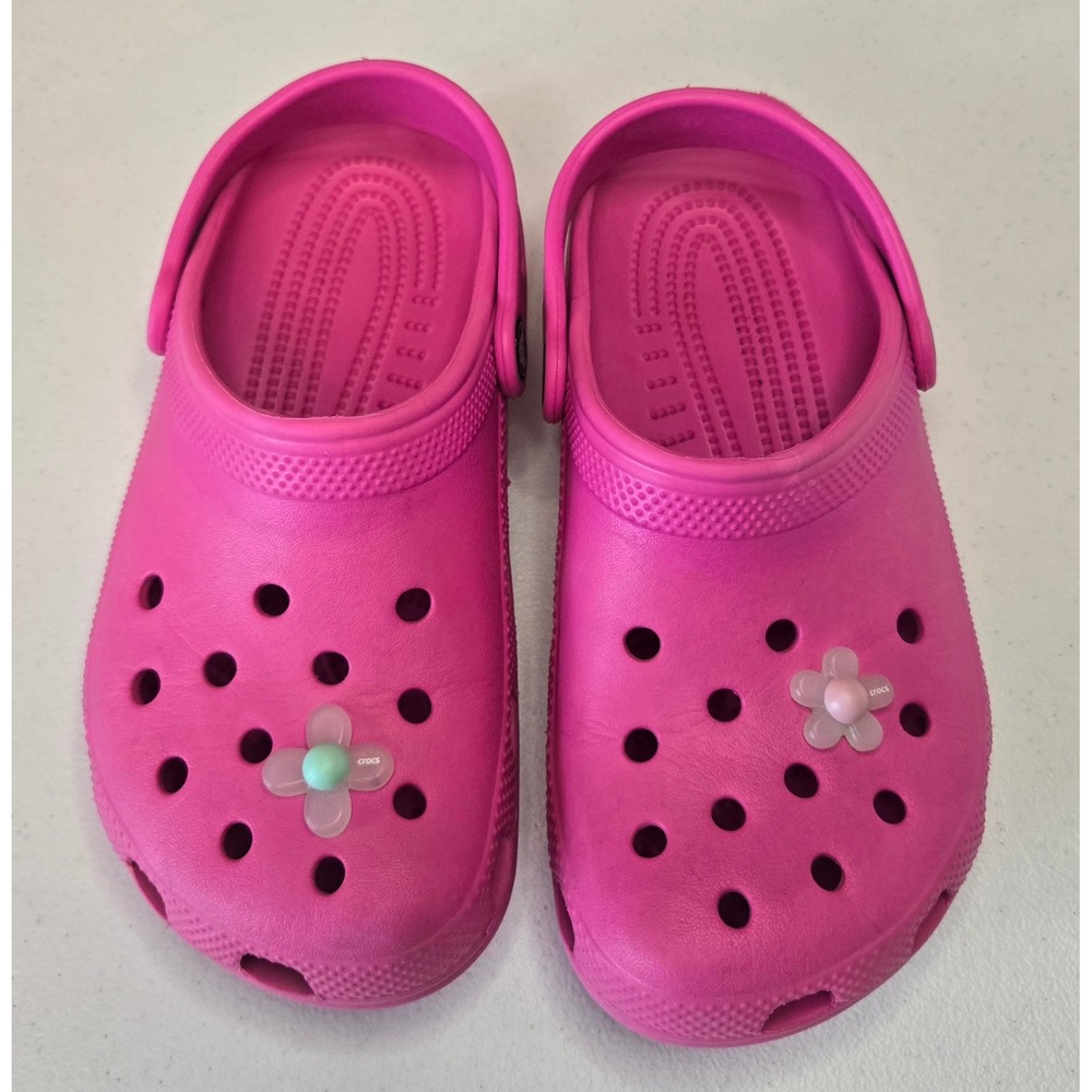 Crocs Classic Clog Hot Pink Youth J3 Size 3 Girls Shoes Flower Jibbitz Charms